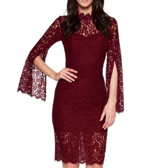 Bardot Sienna Burgundy Lace Split Sleeve High Neck Dress - Picture 1 of 9
